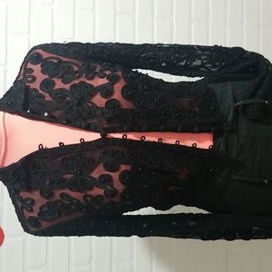 Cache' long sleeves black thick laces top. Made in Hong Kong.  17 inches length
